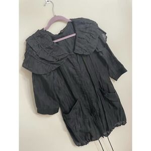 Simon Chang Black Jacket Dress Ruffle Neck 3/4 sleeves SZ 10 Tunic Long Top